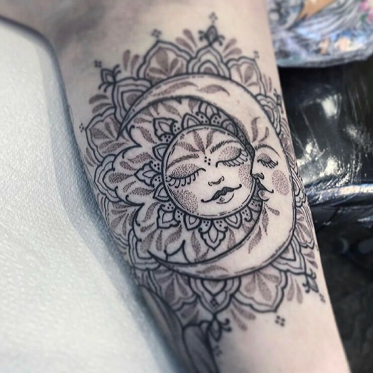 Mandala Dotwork Sun And Moon Tattoo