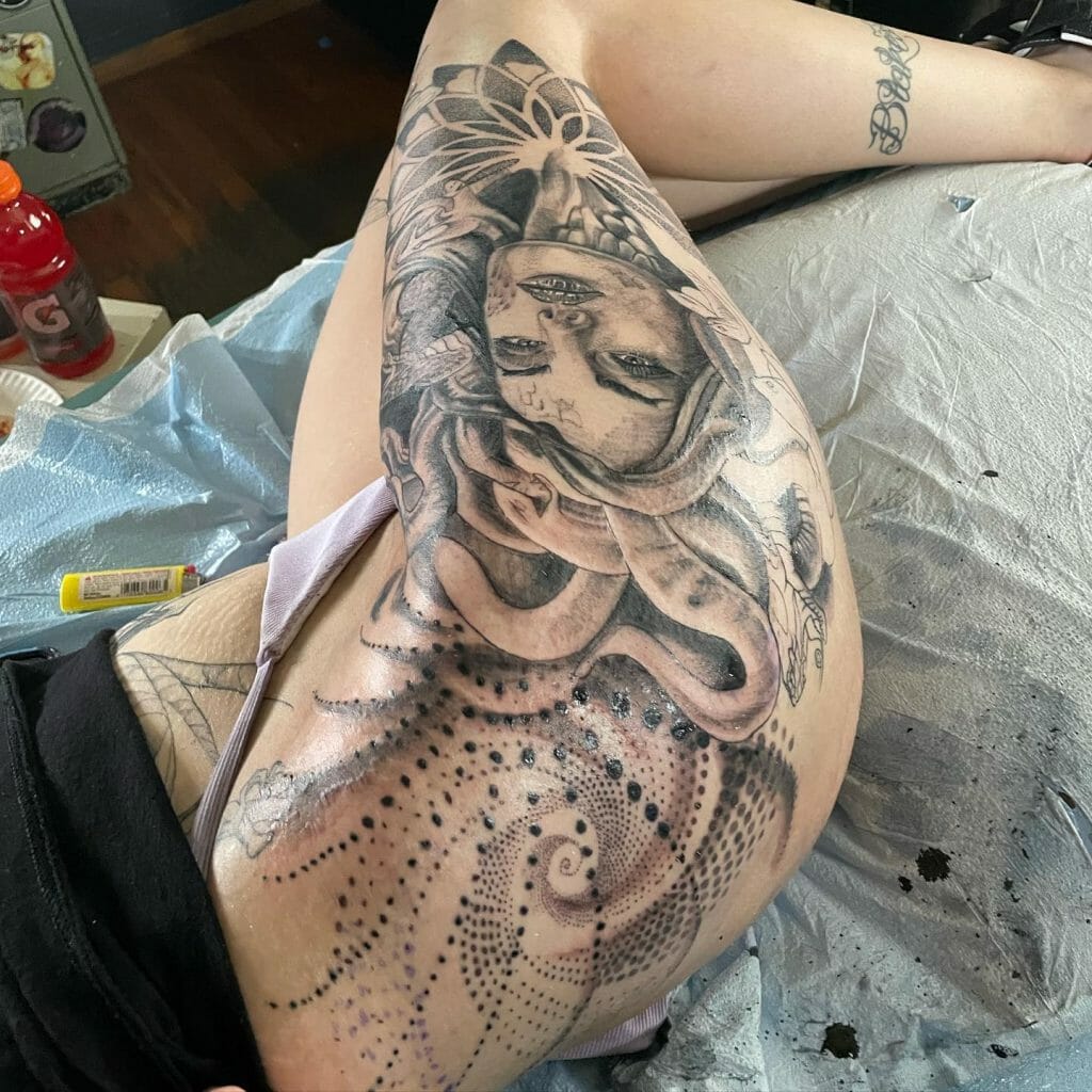 Medusa Tattoo On Full Thigh