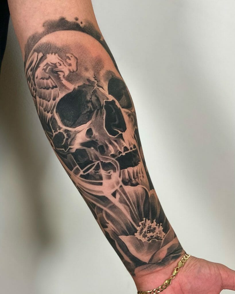 Mexican Culture Theme Forearm Tattoo Of A Skull