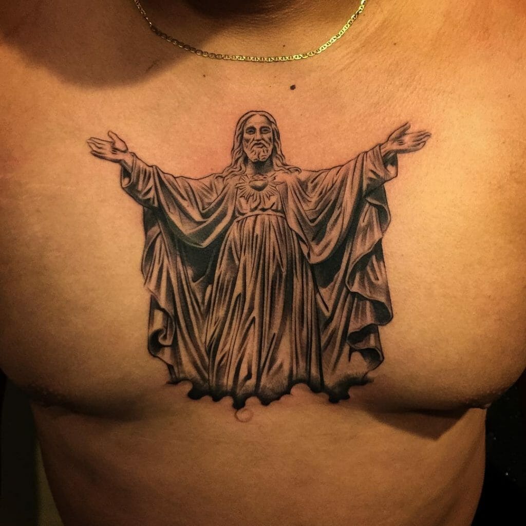 Open Arms Jesus Tattoo On Chest