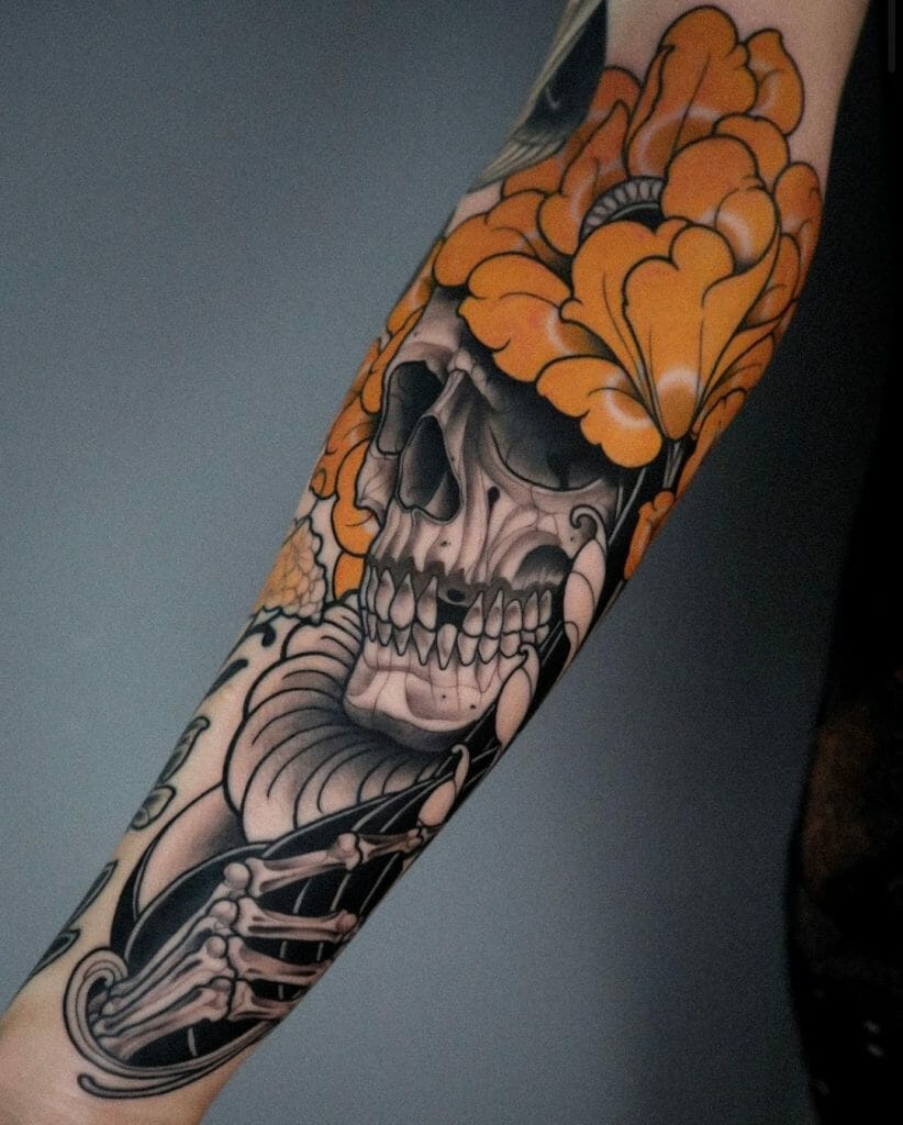 Orange And Black Skull And Crossbones Tattoo Design Ideas