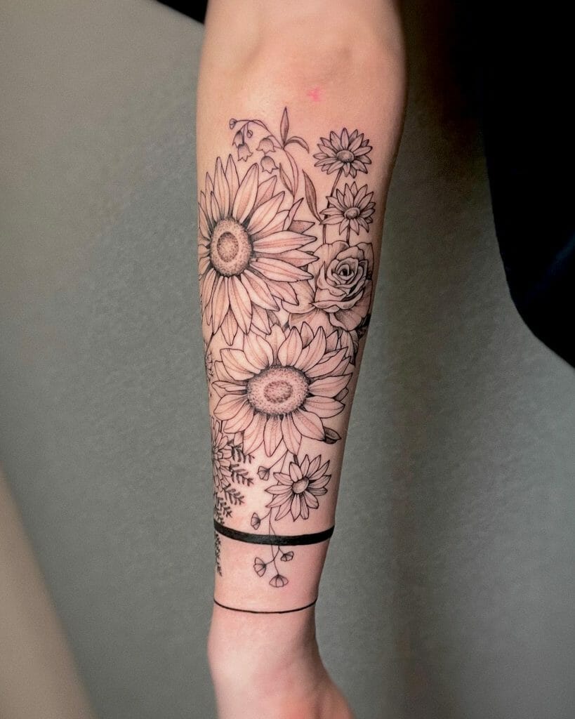 Outlined Different Flowers Half Sleeve Tattoo