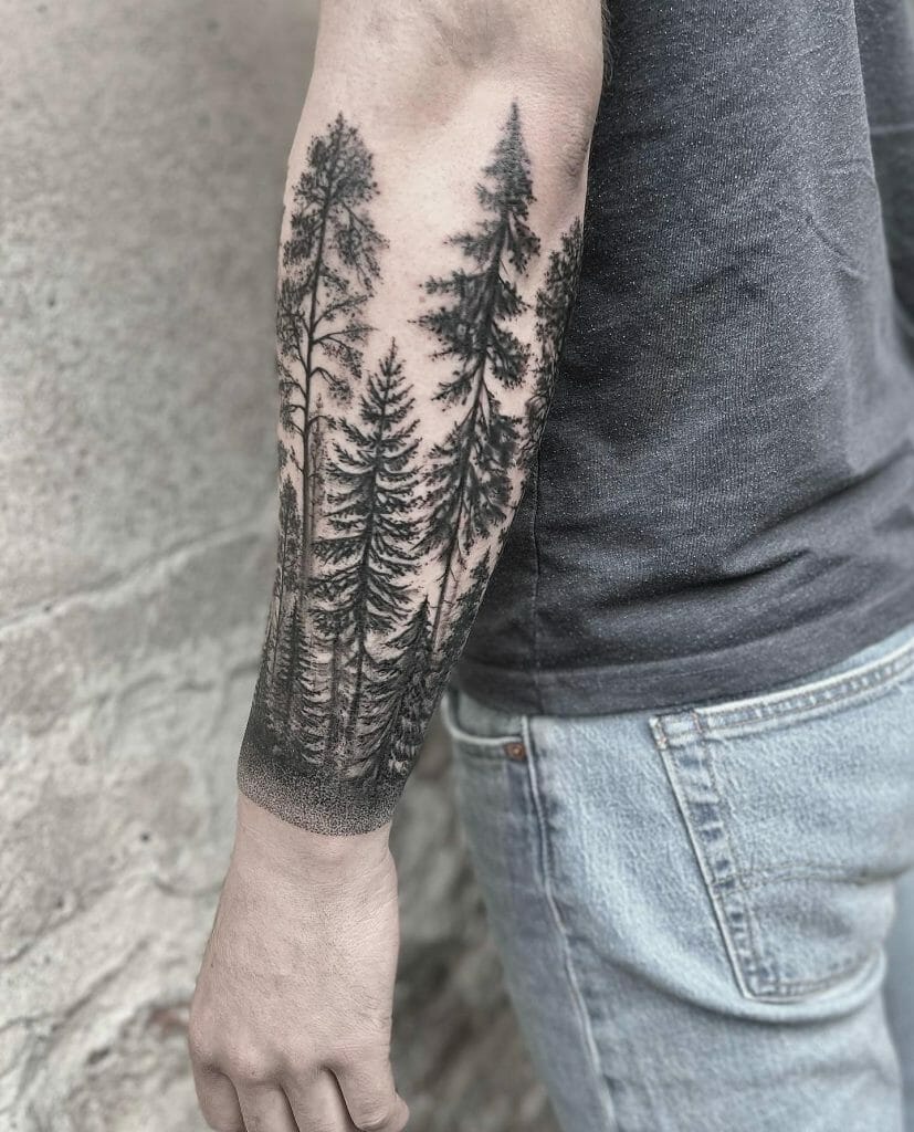 Pine Forest Stencil Forearm Tattoo