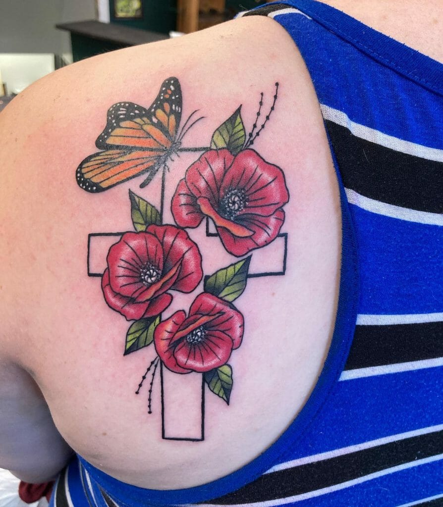 Poppy Flowers And Butterfly Tattoo Designs