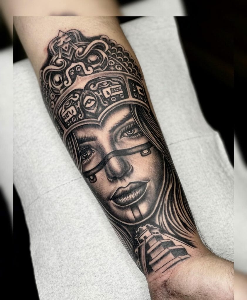 Portrait Forearm Aztec Tattoo