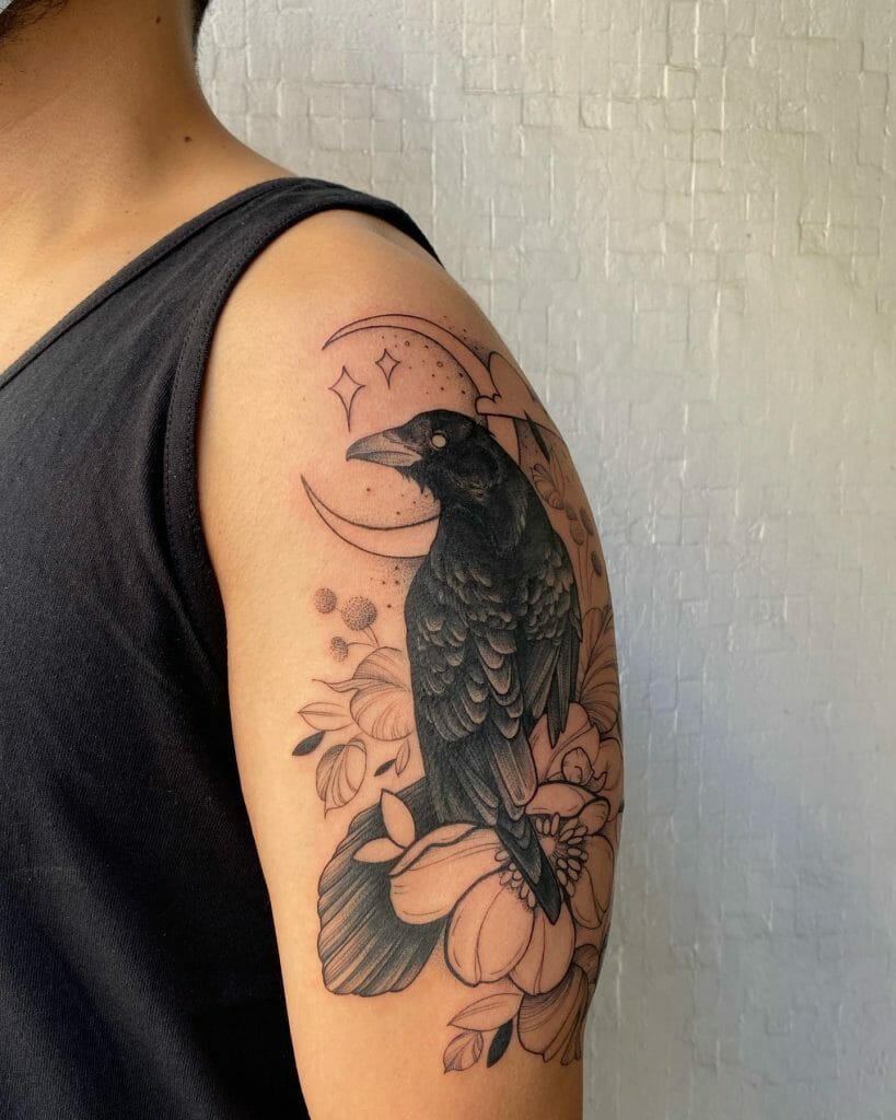 Raven And Flower Tattoo