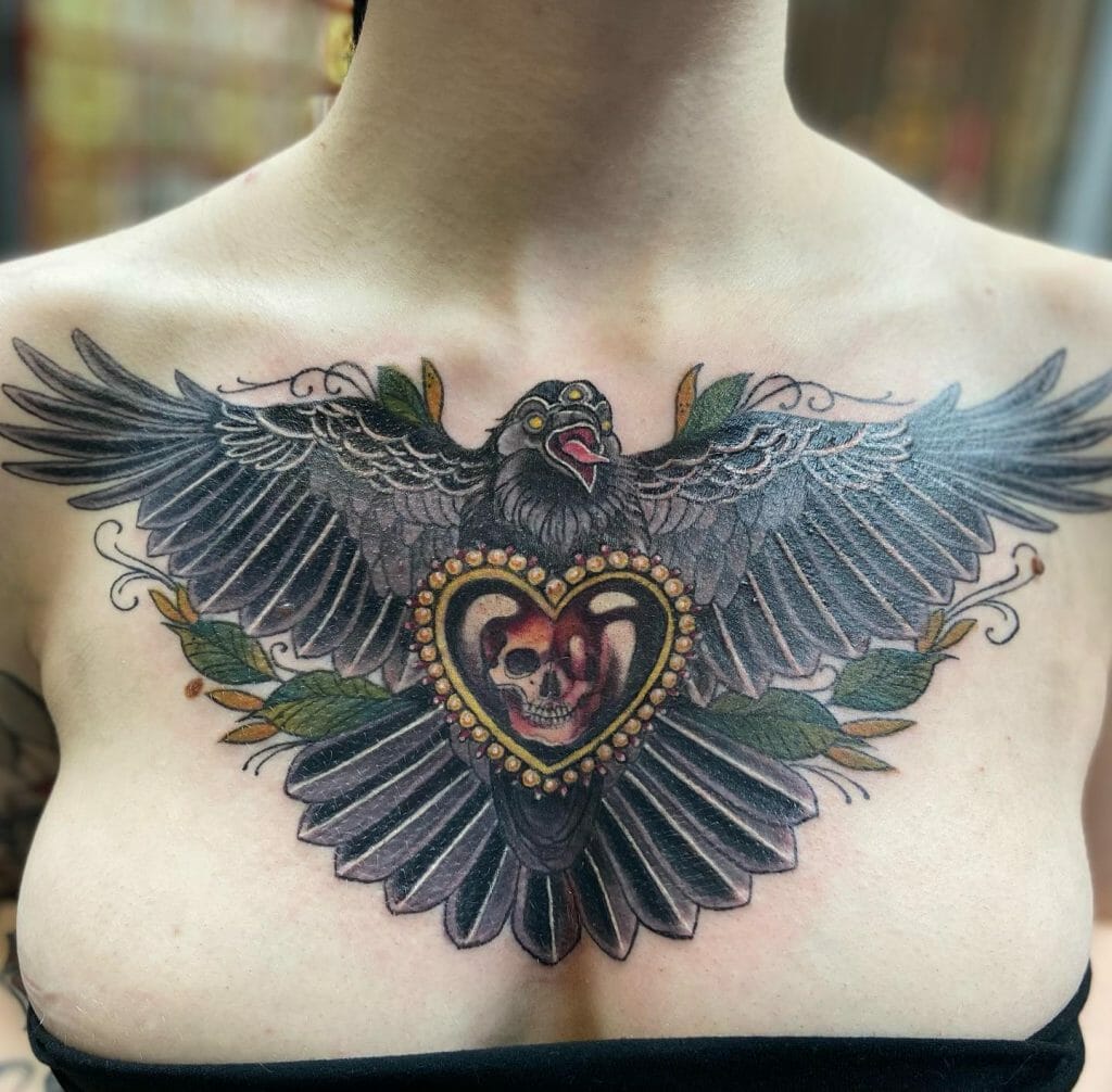 Raven Tattoo With Wings Stretched On Chest