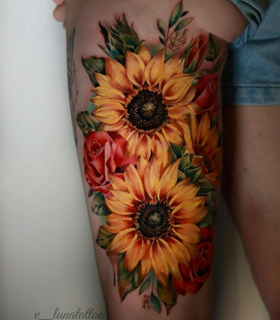 Realistic Sunflower Tattoo With Roses
