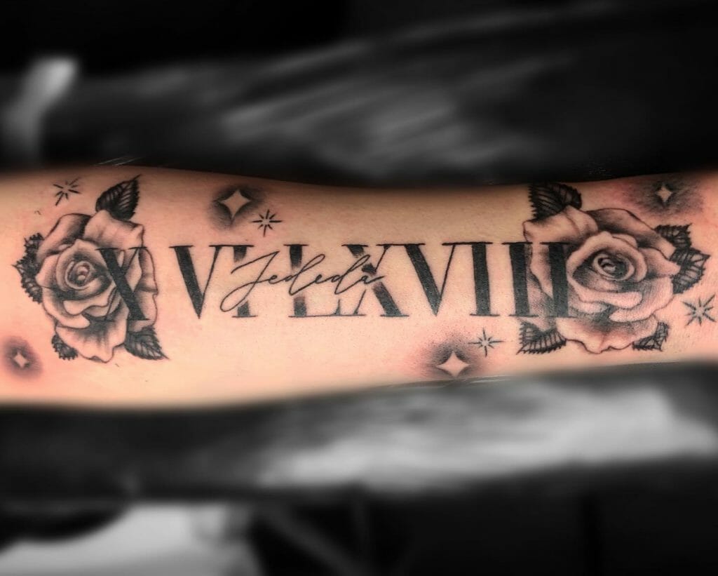Roman Numeral Tattoo With Rose Tattoo Design