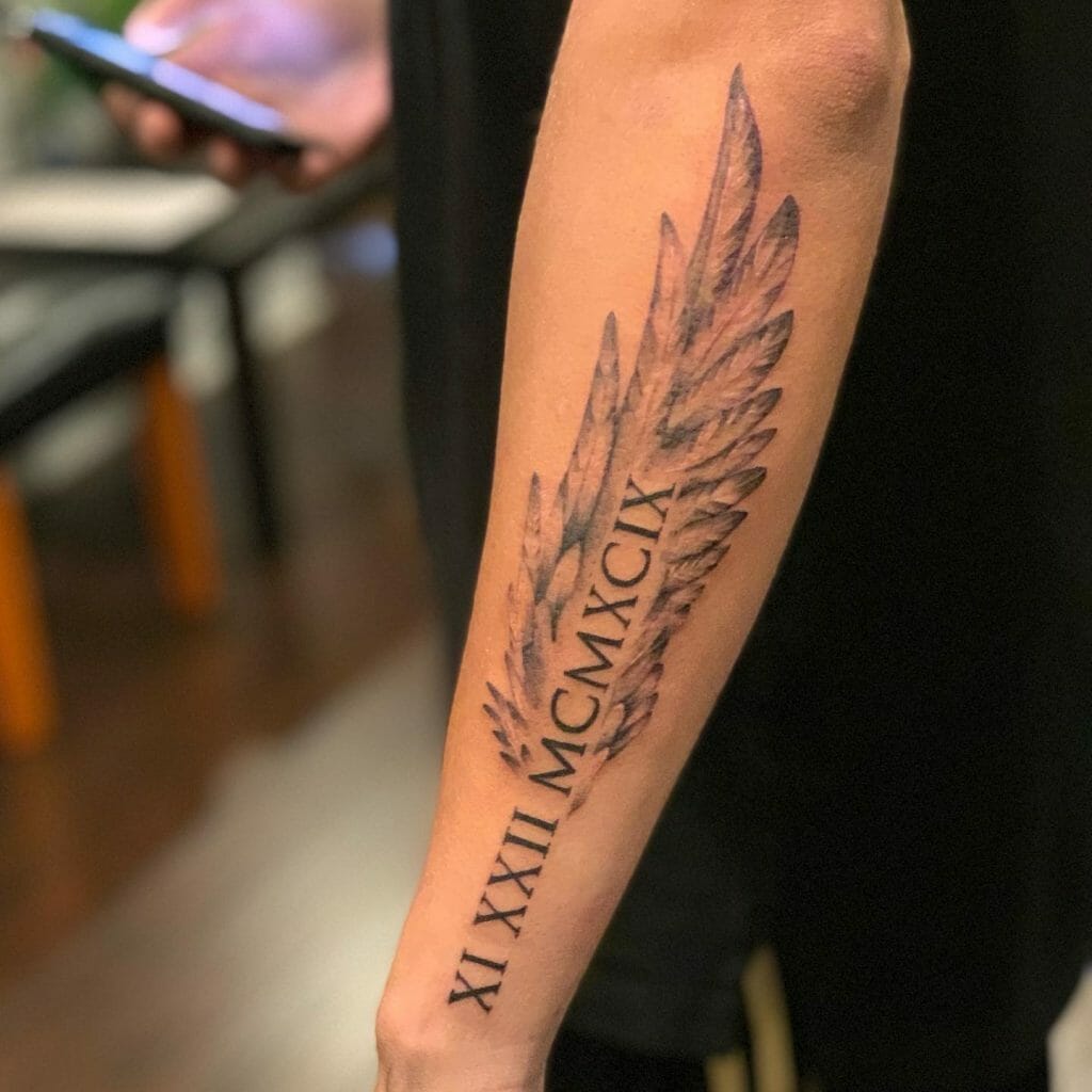 Roman Numerals Angel Wing Tattoo