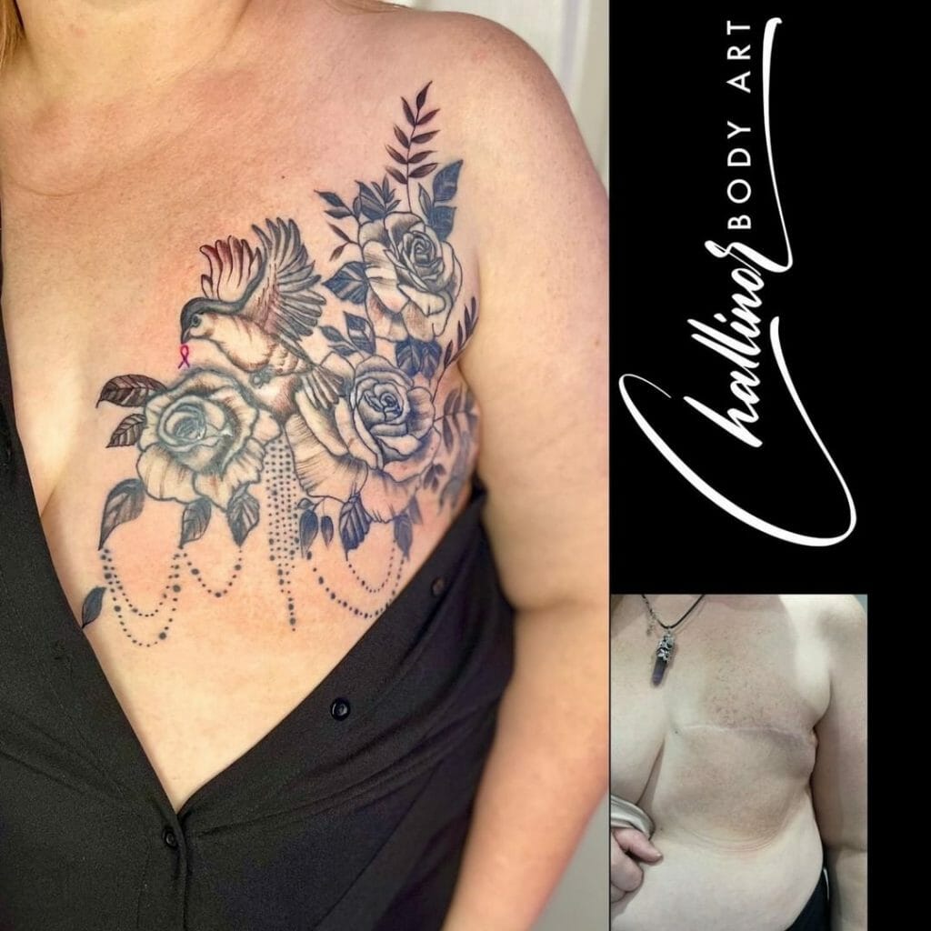 Rose And Bird Mastectomy Tattoo