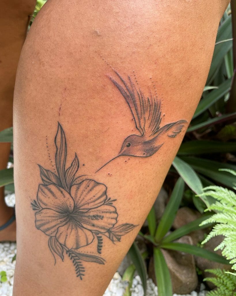 Simple Hummingbird Tattoo With Hibiscus