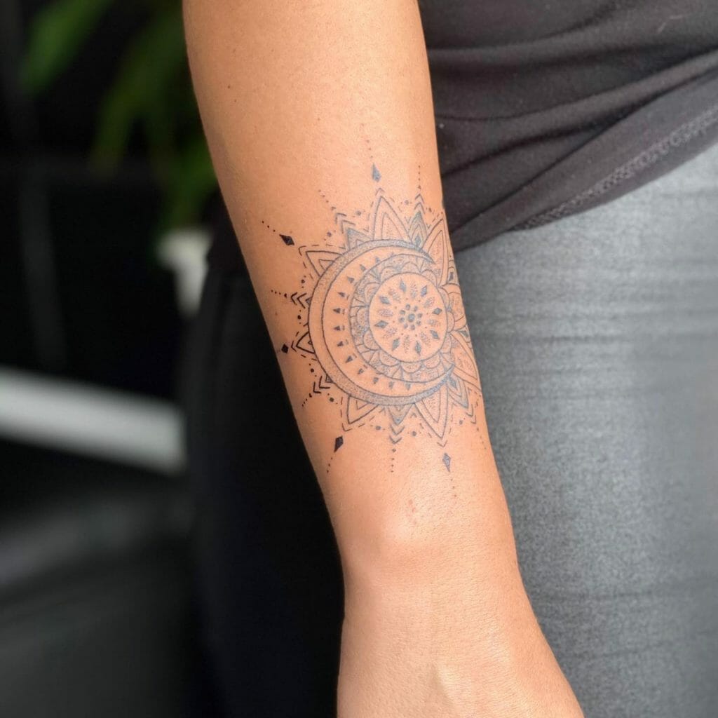 Simple Mandala Sun and Moon Tattoo