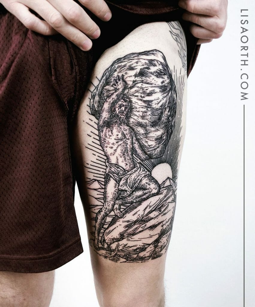 Sisyphus Thigh Tattoo For Men