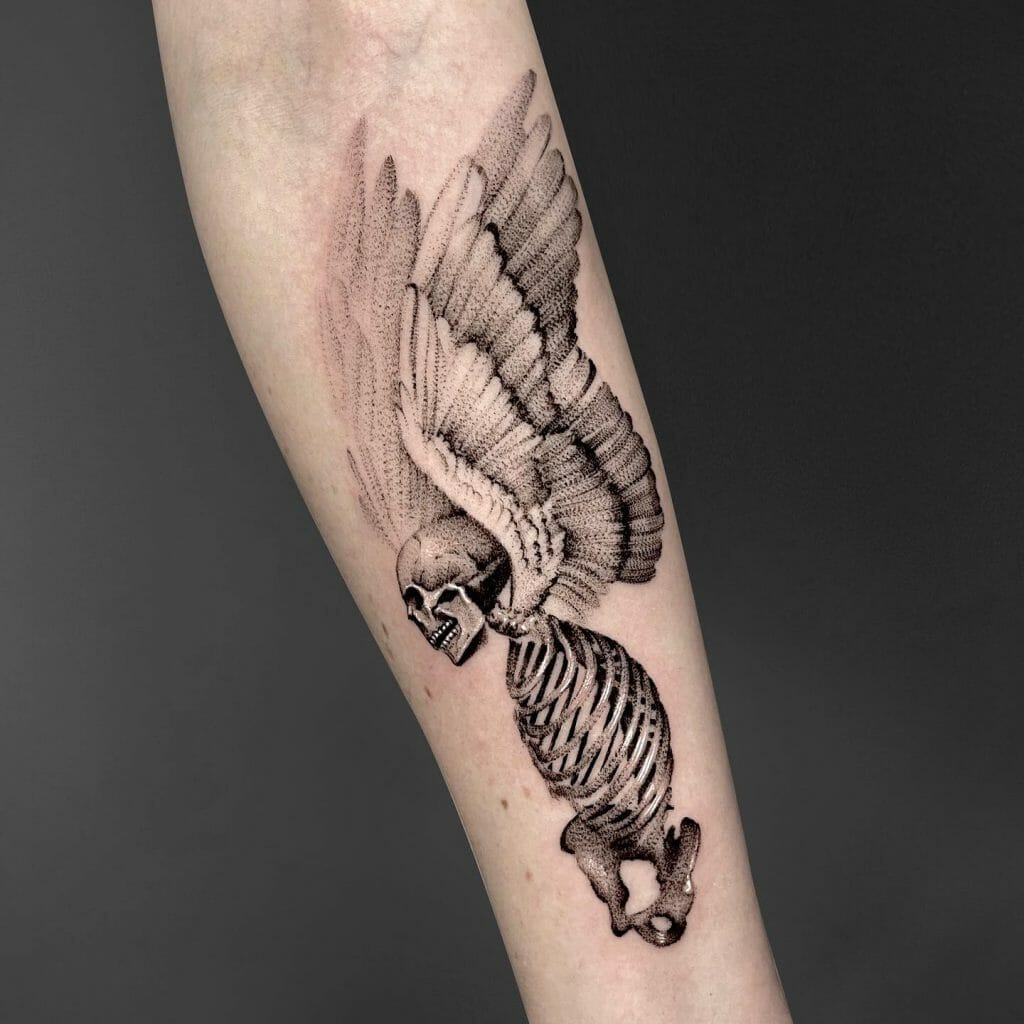 Skeleton With Wings Forearm Tattoo