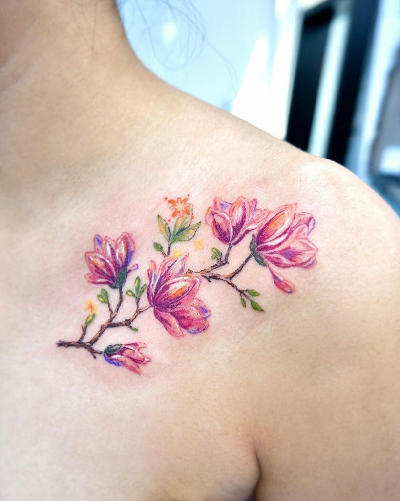 Small Magnolia Tattoo Ideas For Your Collarbone And Chest Areas