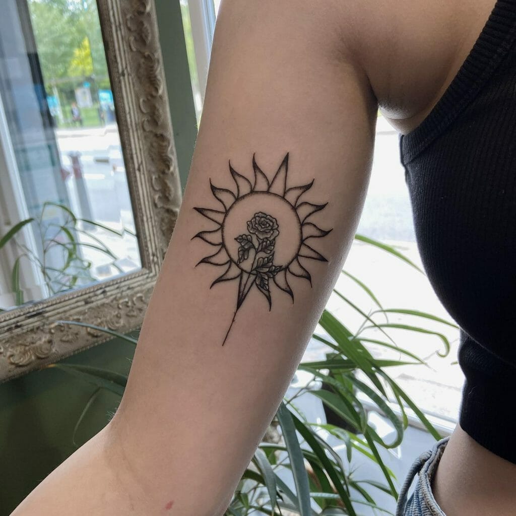 Small Sun Tattoo With Rose