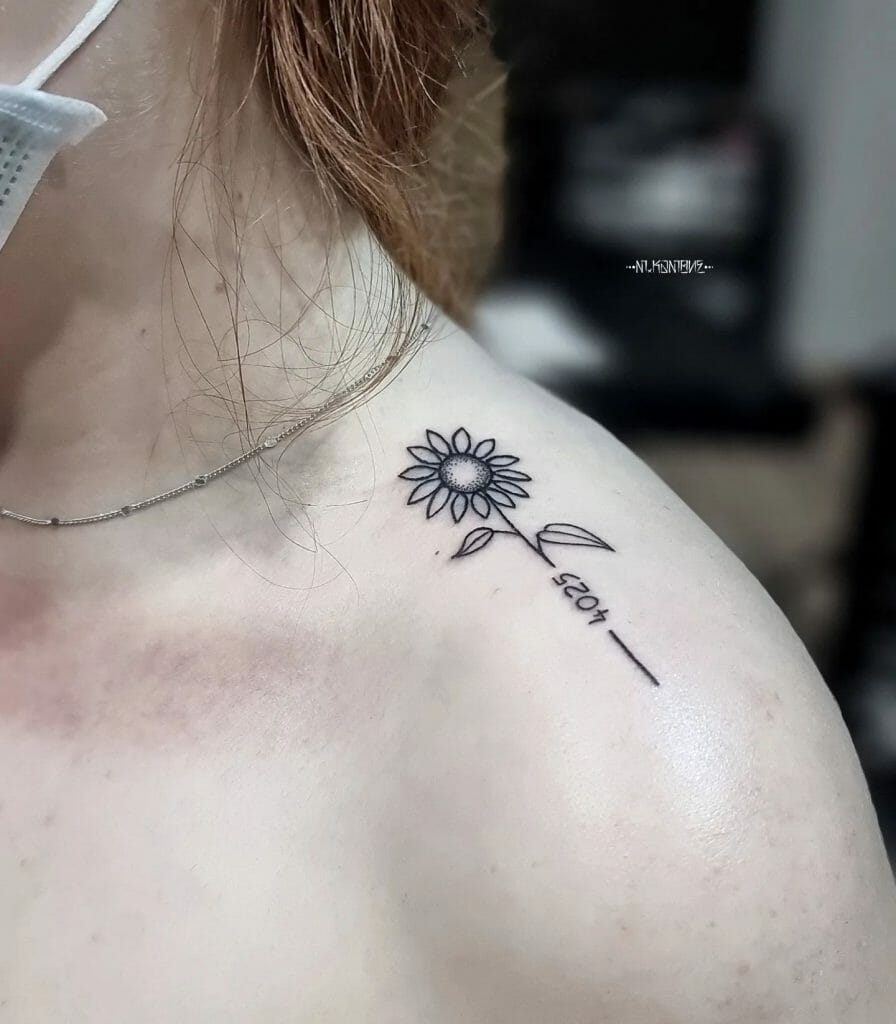 Small Sunflower Tattoo On Shoulder With Line Art