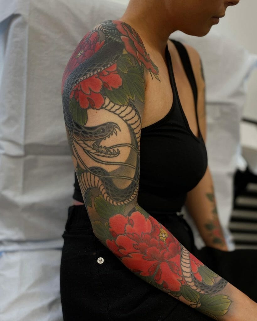Snake And Peonies Sleeve Tattoo Ideas