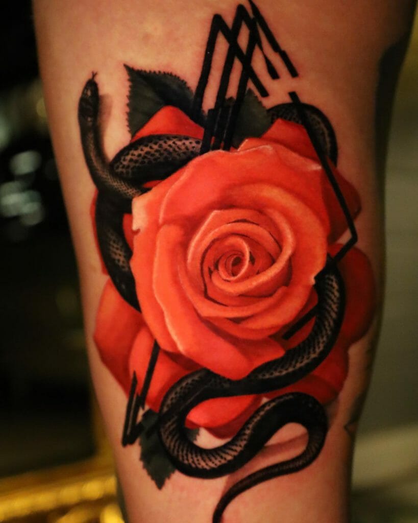 Snake And Rose Leg Tattoo