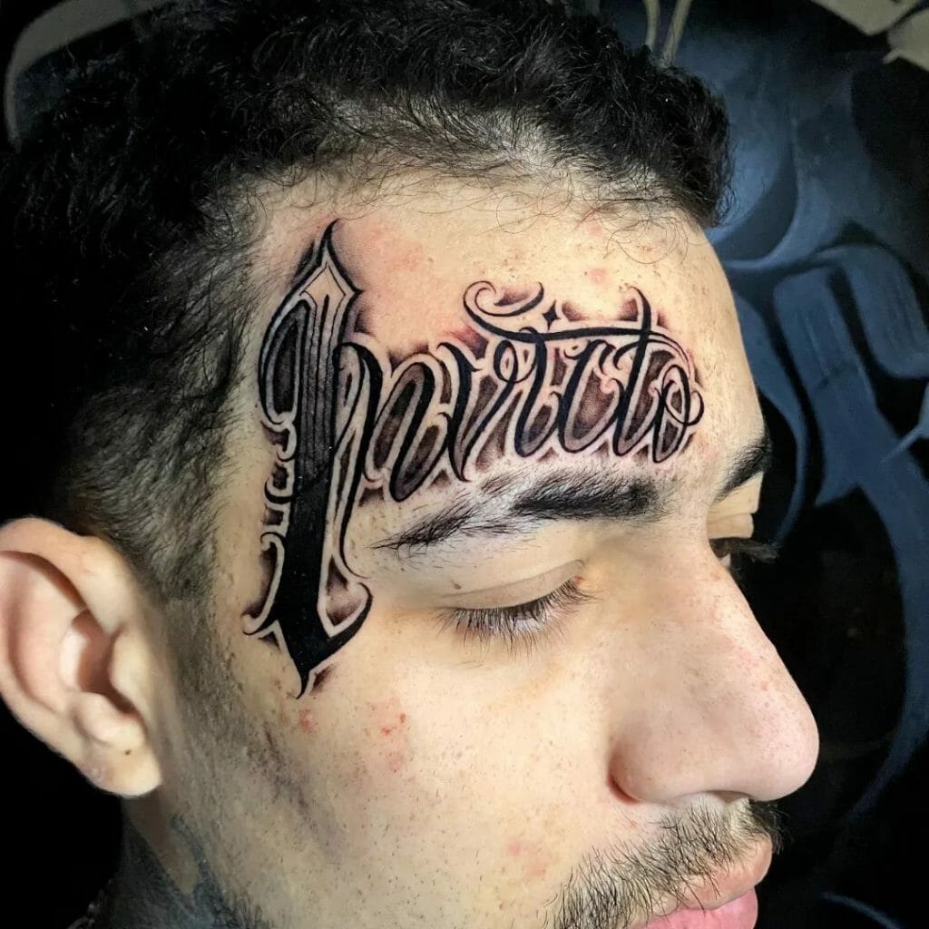 Stylish Head Tattoo in Gothic Fonts ideas
