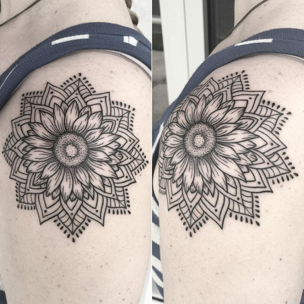Sunflower Mandala Tattoo On Shoulder