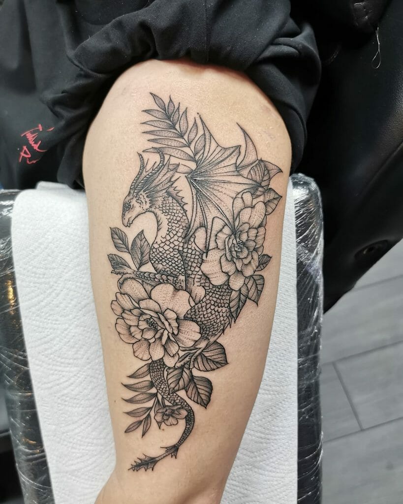 The Detailed Dragon With Flowers Tattoo