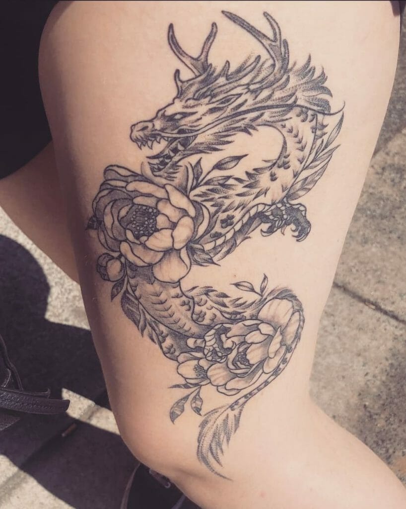 The Scary Dragon With Flower Tattoo
