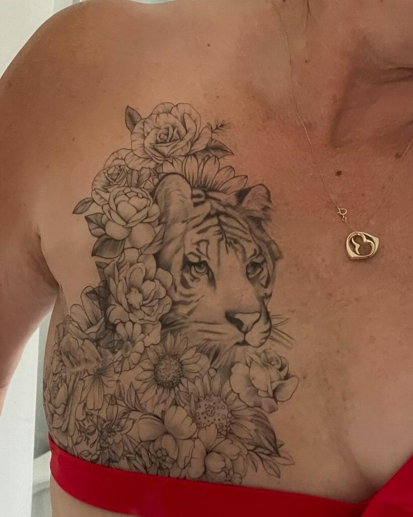Tiger And Flowers Mastectomy Tattoo