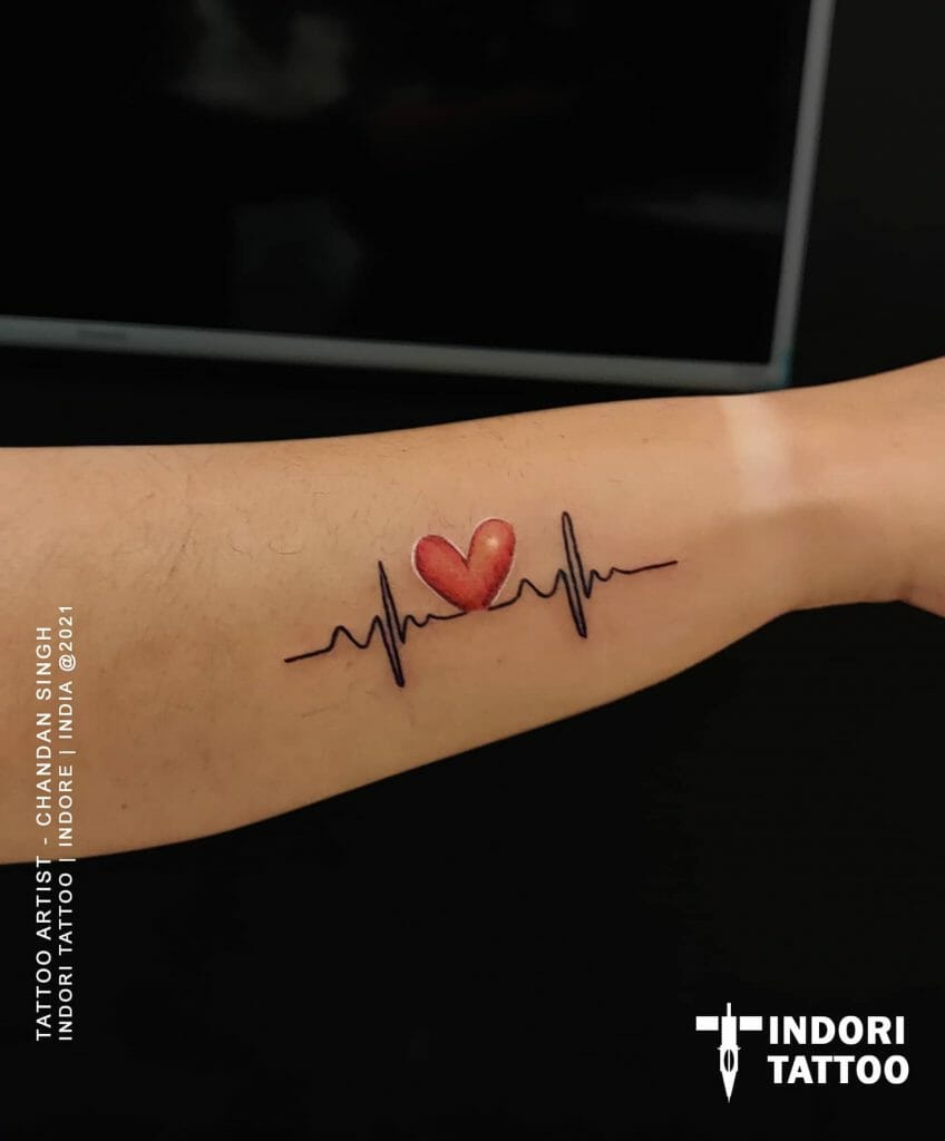 Tiny Red Heart And Heartbeat Tattoos