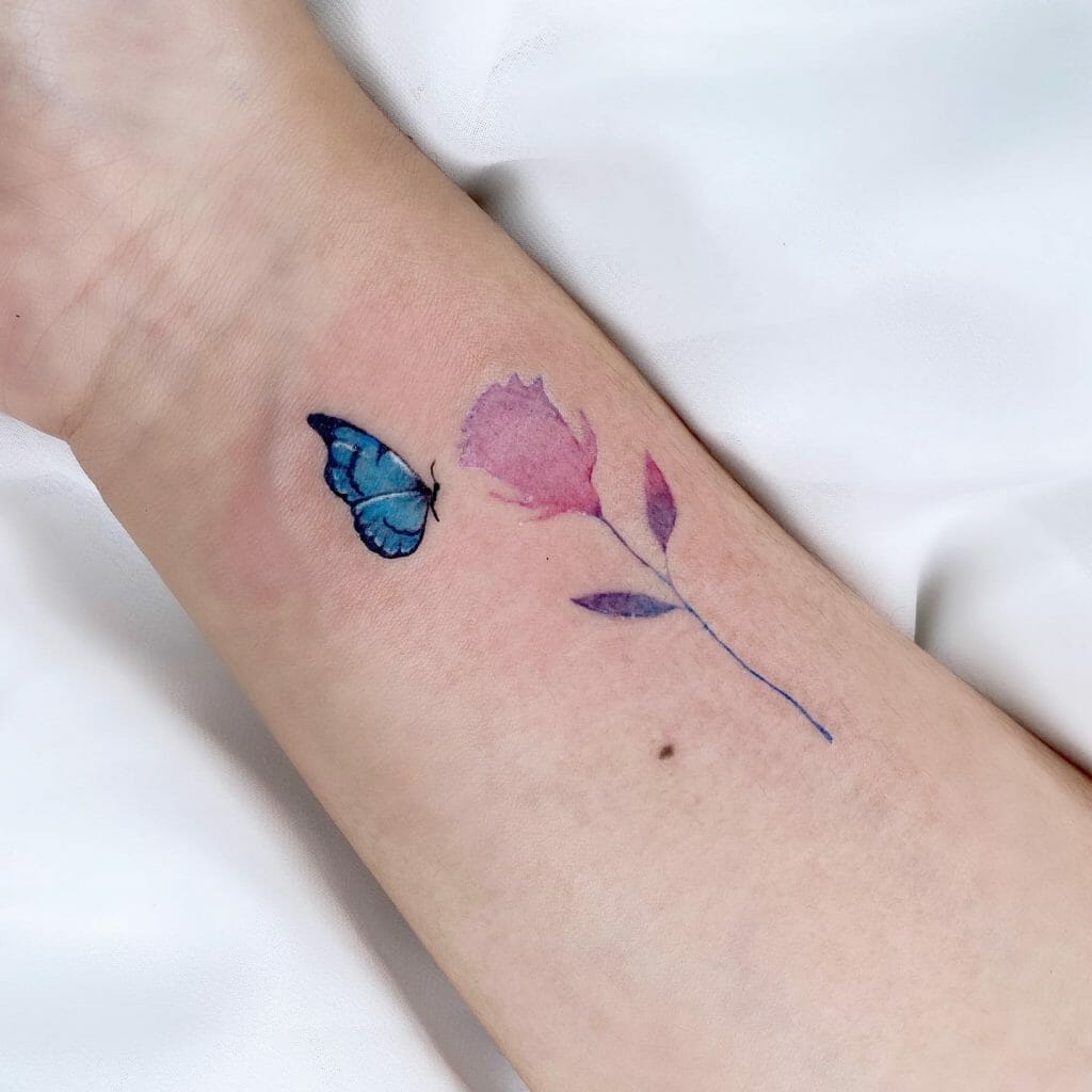 Watercolor Rose And Small Butterfly Tattoo