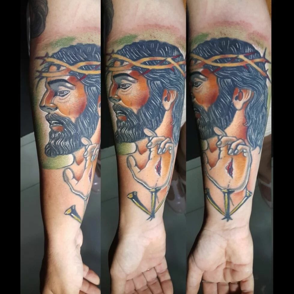 Watercolour Jesus Tattoo Forearms