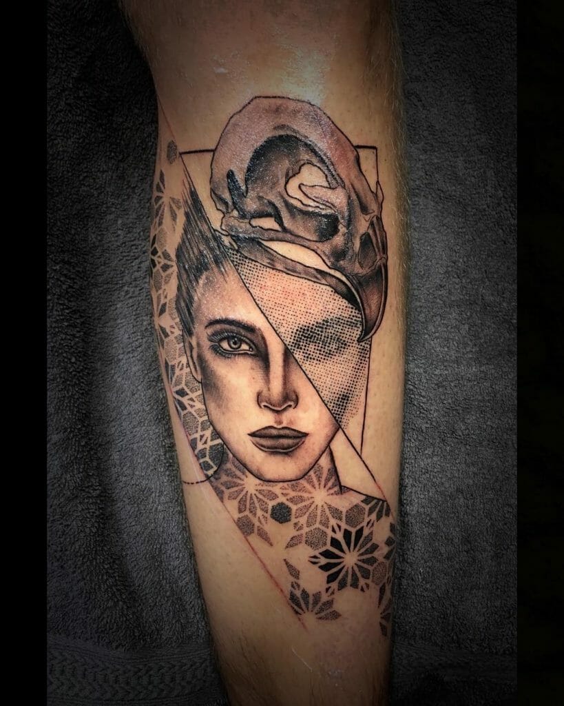 Woman Face And Bird Skull Tattoo