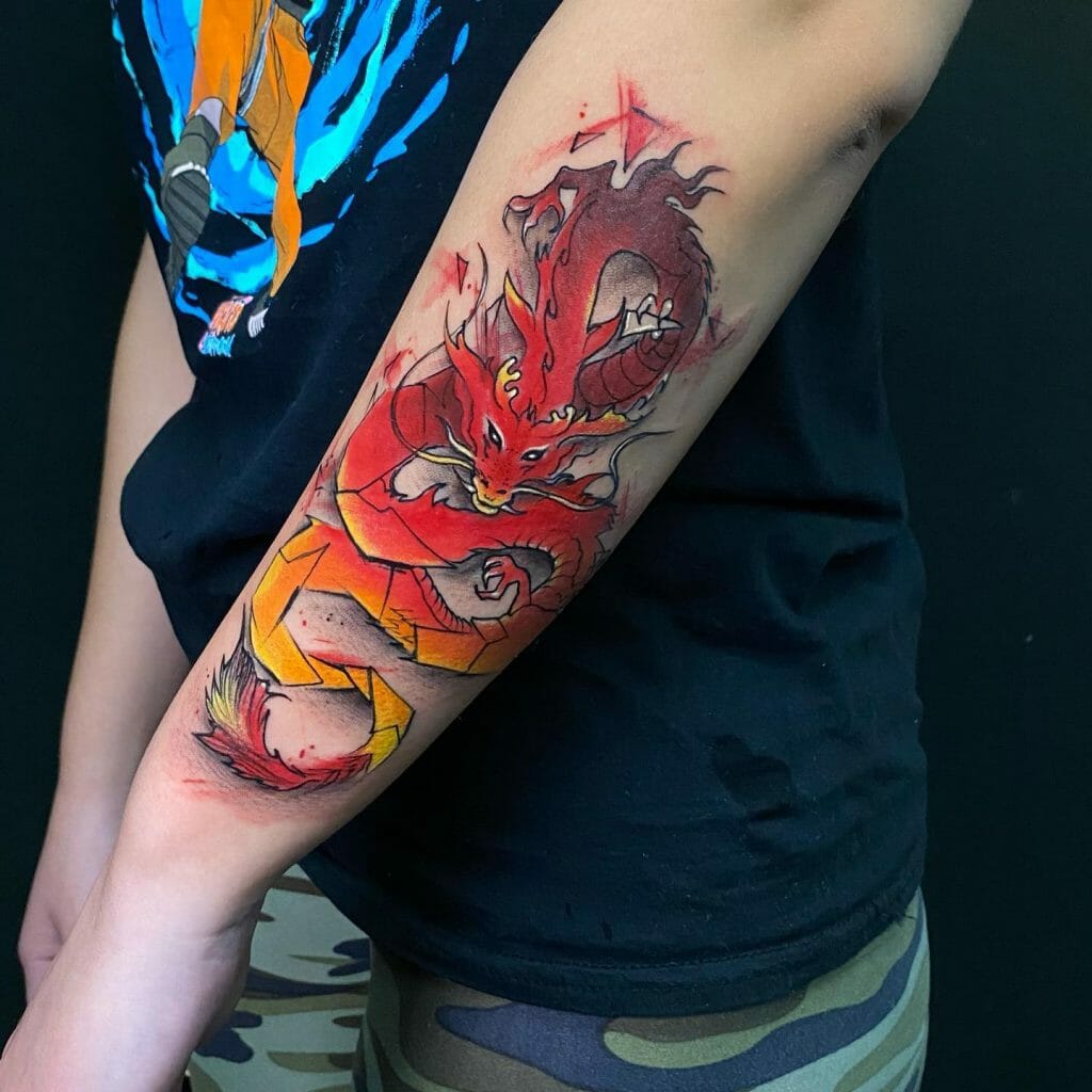 Yellow And Red Ink Dragon Tattoo Design For Sidearm