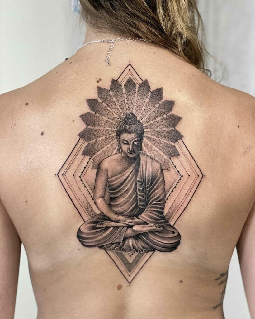 The Realistic Buddha Tattoo Design On Back