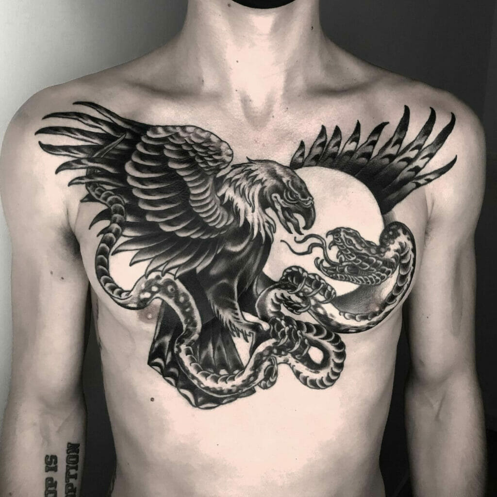 Snake And Eagle Rivalry Chest Tattoo Design
