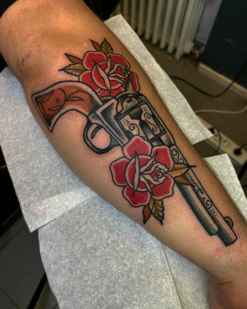 Colored Pistol And Rose Tattoo