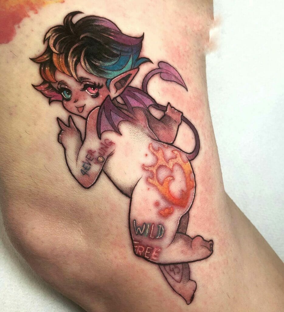 Colorful Baby Centaur Tattoo With A Devil Tail