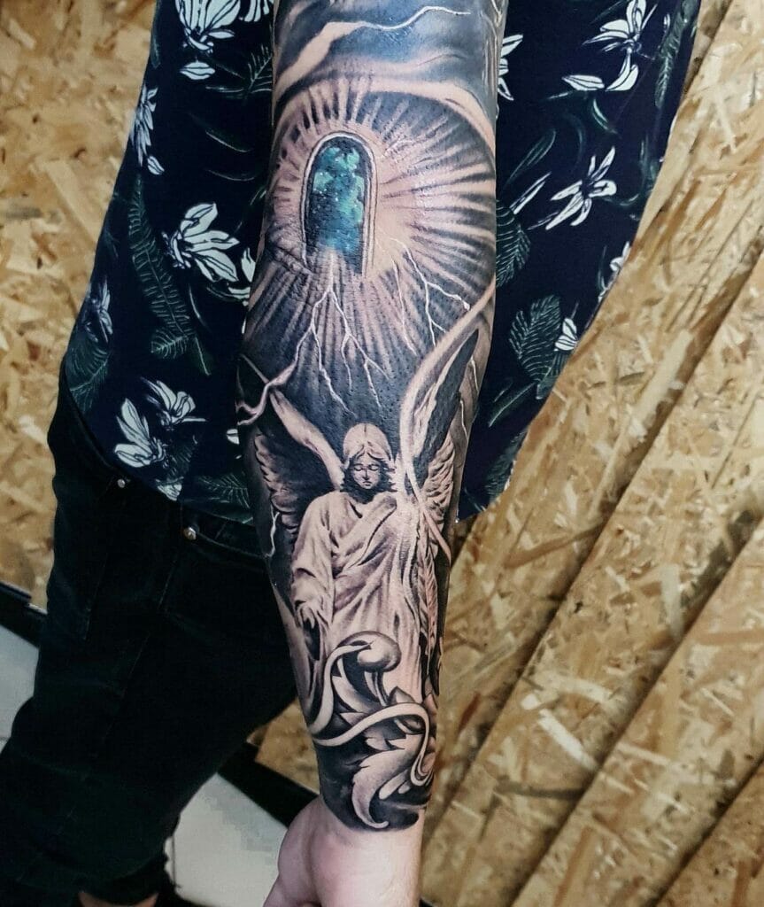 Artistic Black And White Holy Guardian Angel Tattoo