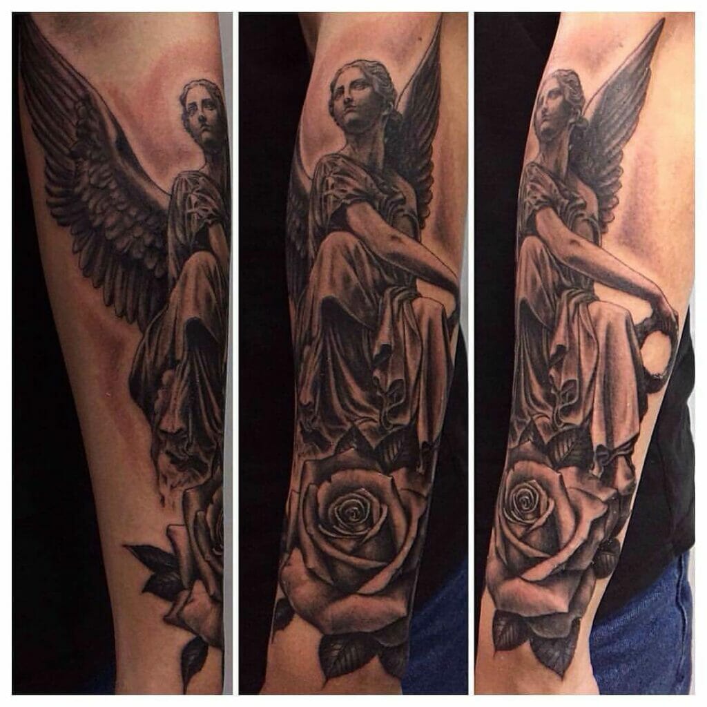 Stunning Guardian Angel Tattoo With Rose