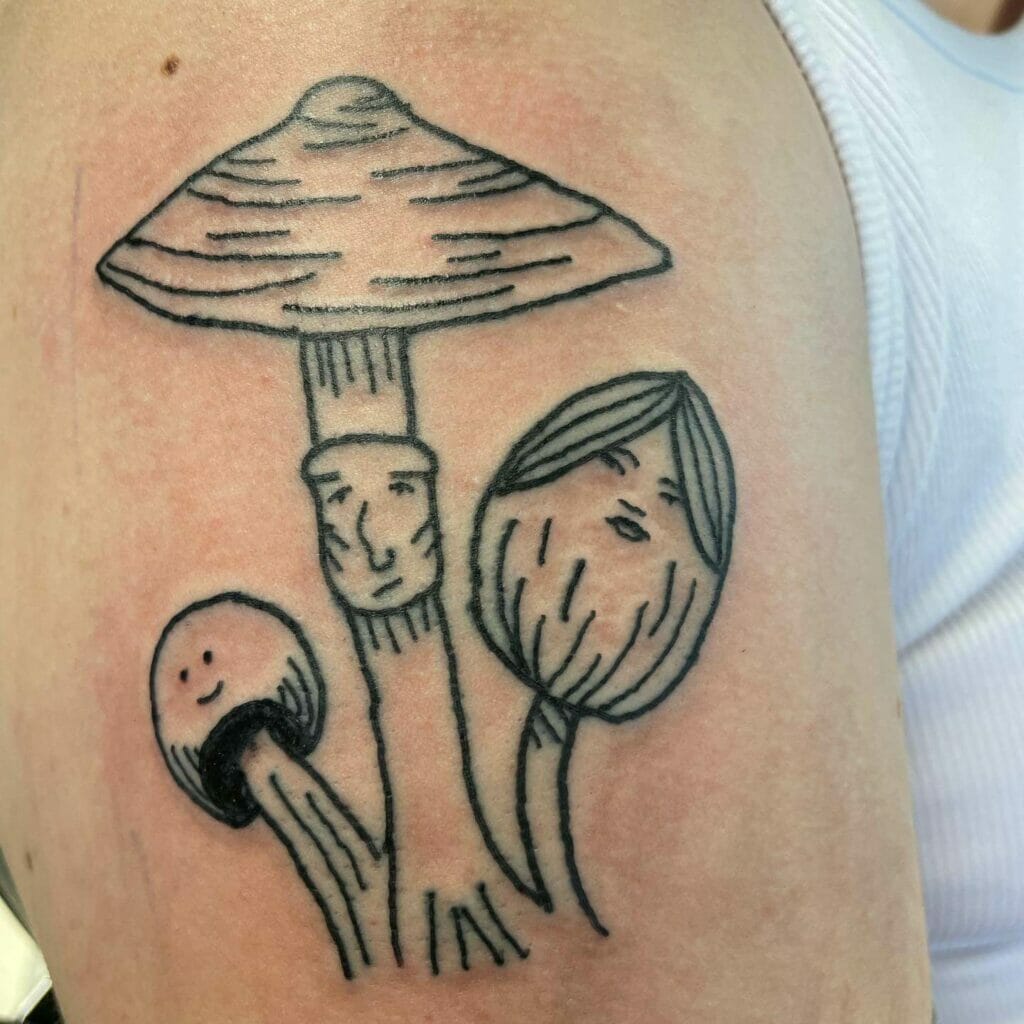 Tattoo Design With Three Heads Under A Mushroom