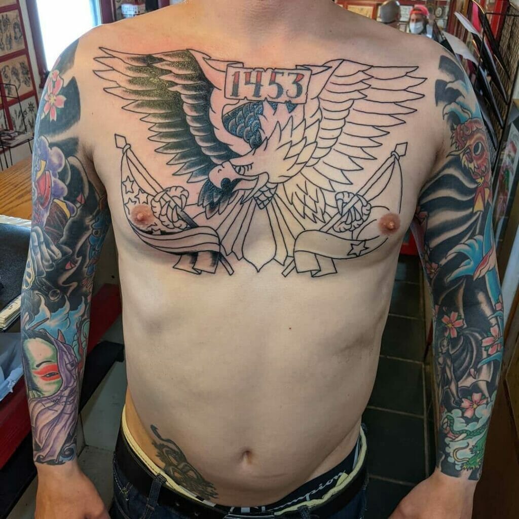 The Black And White Bald Eagle Tattoo With Two Flags