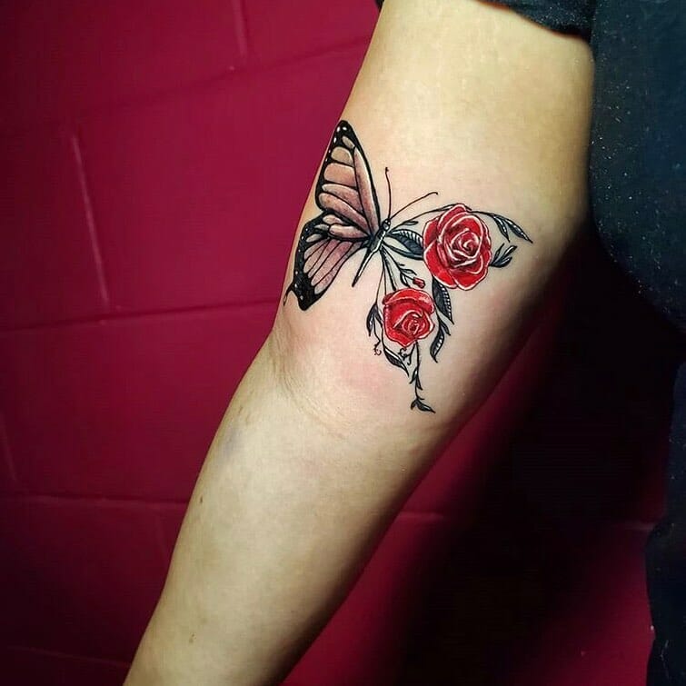 Butterfly On Rose Tattoo
