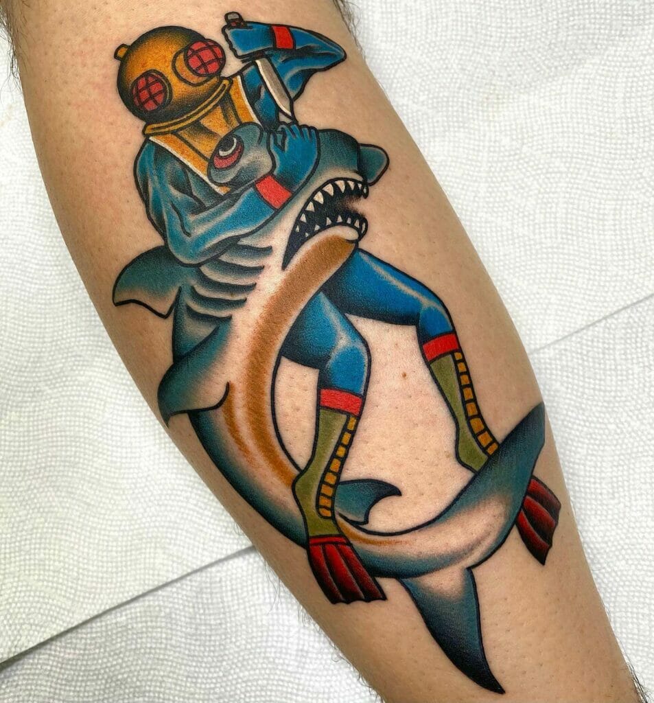 Blue Traditional Hammerhead Shark And Fisherman Tattoo