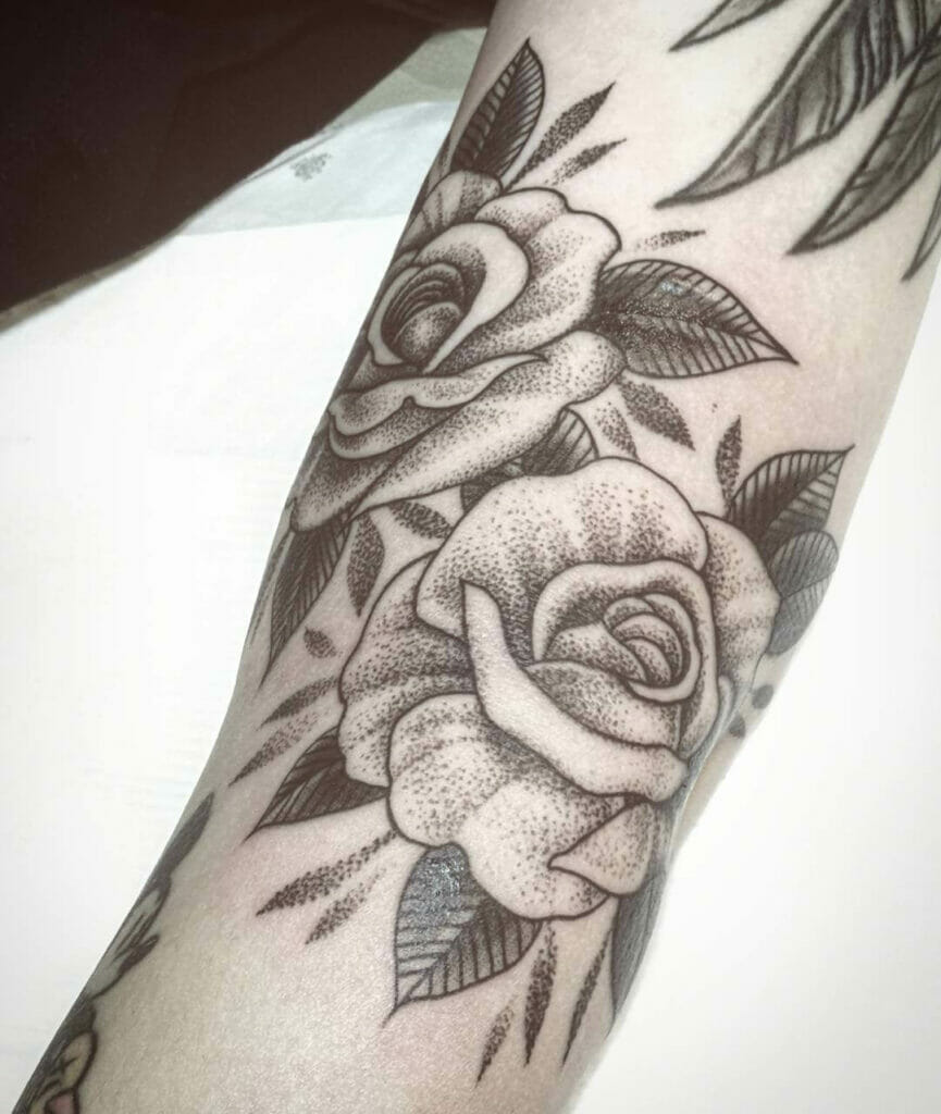 Freehand Dot Work Rose Tattoo On The Arm