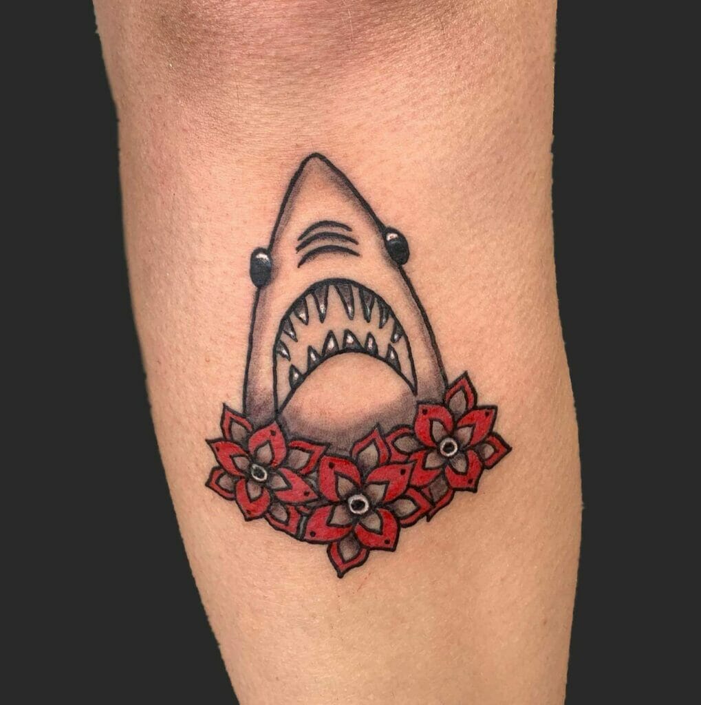 Bold Flowery Traditional Shark Tattoo