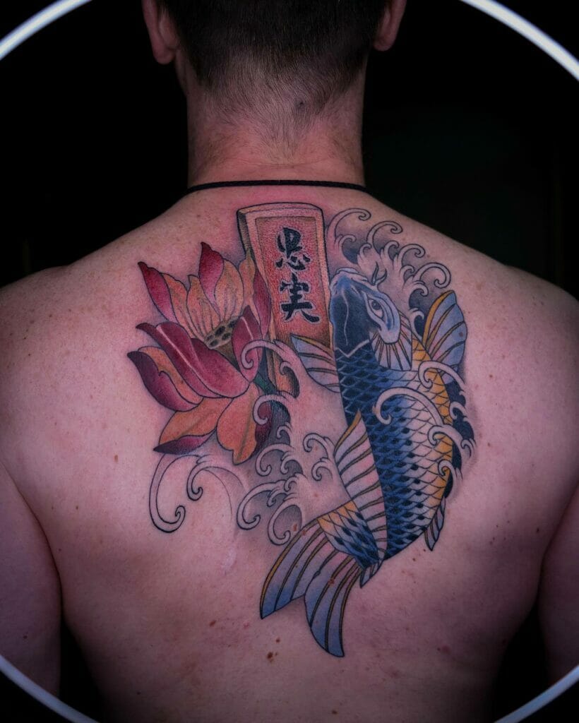 Vibrant Koi Fish And Lotus Flower Back Tattoo