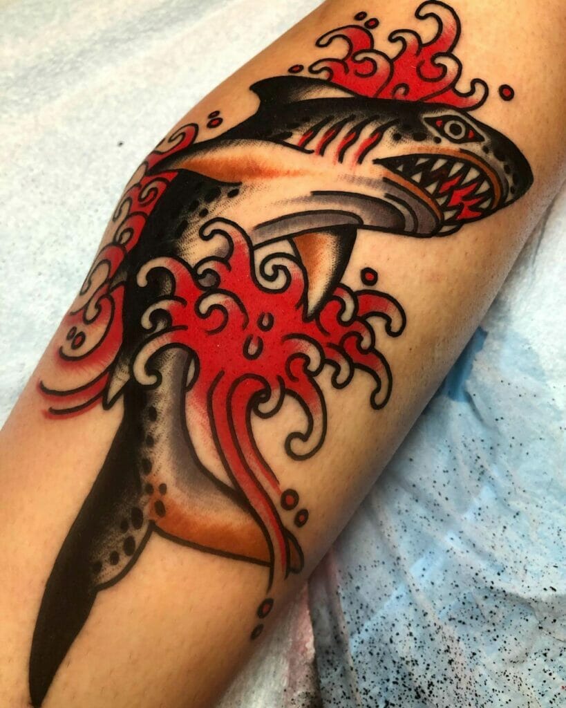 Savage Black And Red Traditional Shark Tattoo