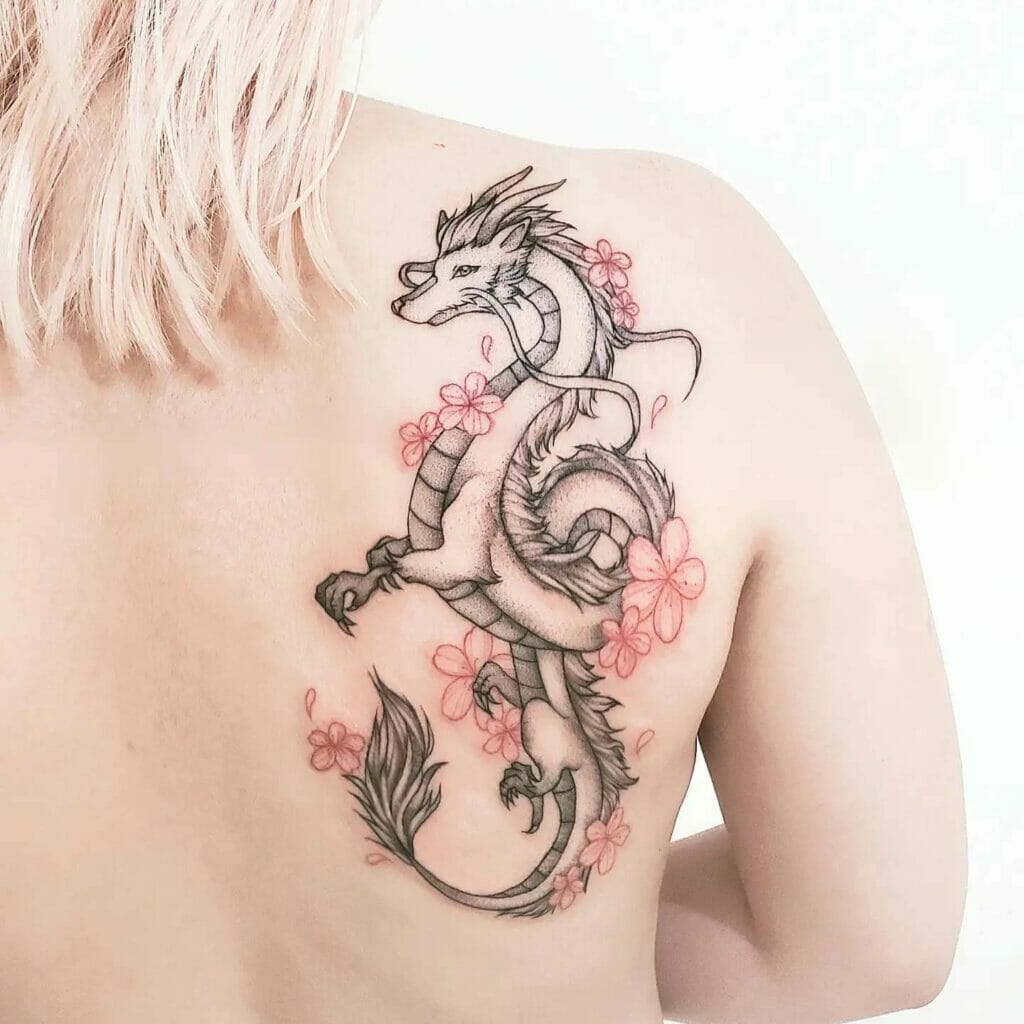 Haku Dragon Tattoo Design With Cherry Blossom