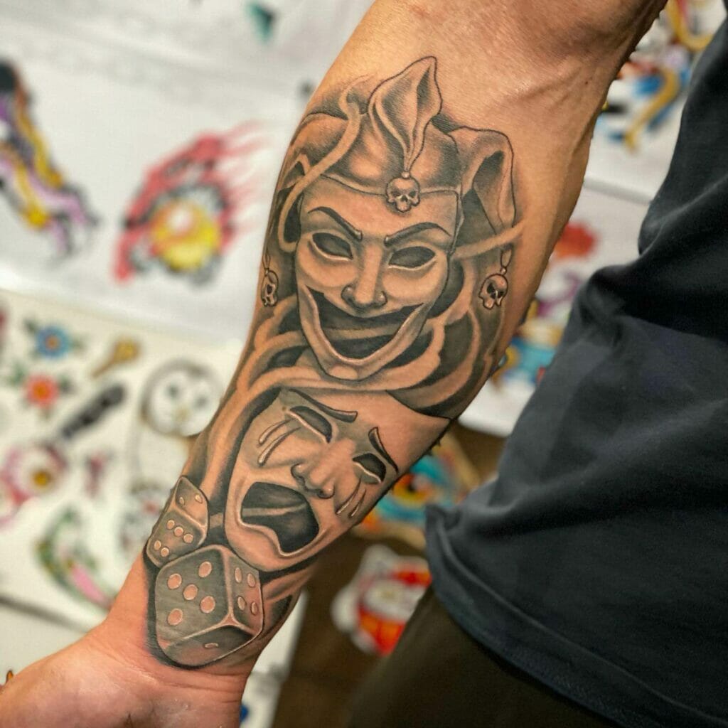 Black And White Double Happy And Sad Mask Tattoos
